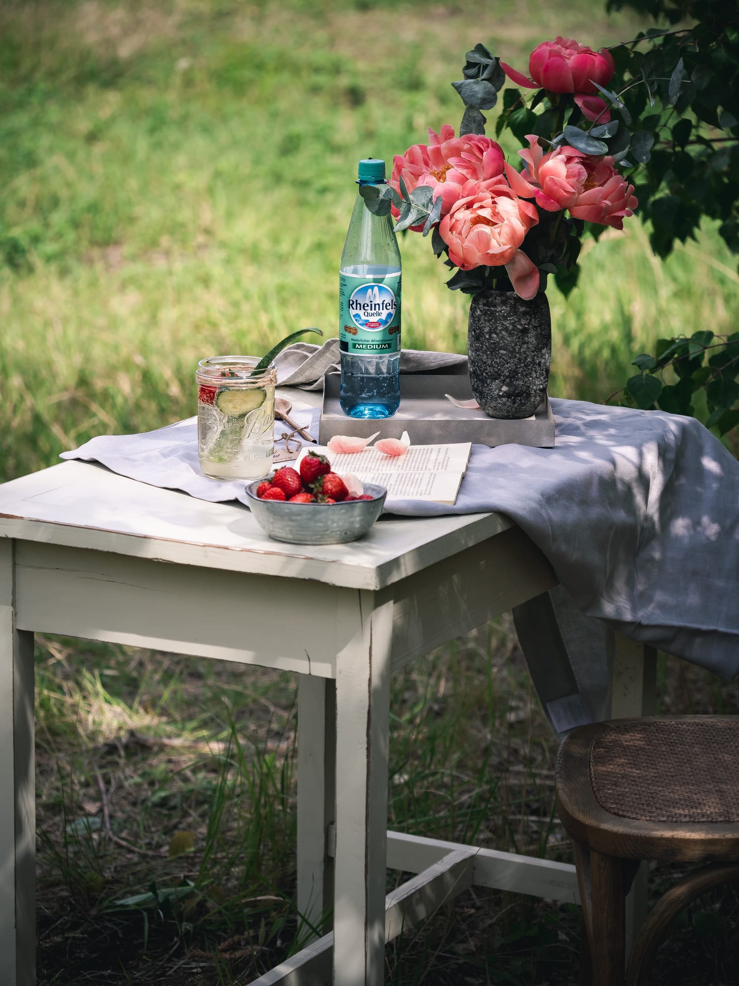 Aloe Vera Saft als Schorle auf Tisch im Garten 